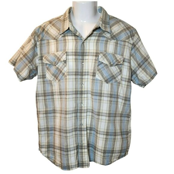 Levi’s XL Western Plaid Pearl Snap Short Sleeve Shirt Blue Tan Pre-owned - Picture 1 of 7